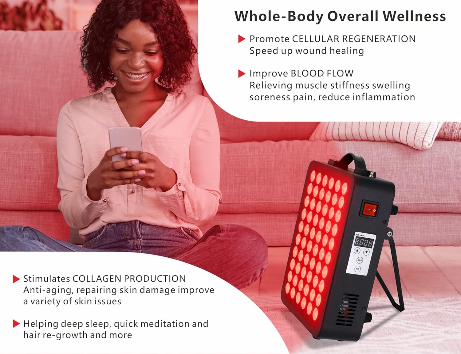Red Light Therapy for Body & Face - 660nm & 850nm Infrared Red Light Therapy Panel for Skin, Muscles & Recovery - Portable LED Light Therapy Device with Stand, Hanging Kit & Handle