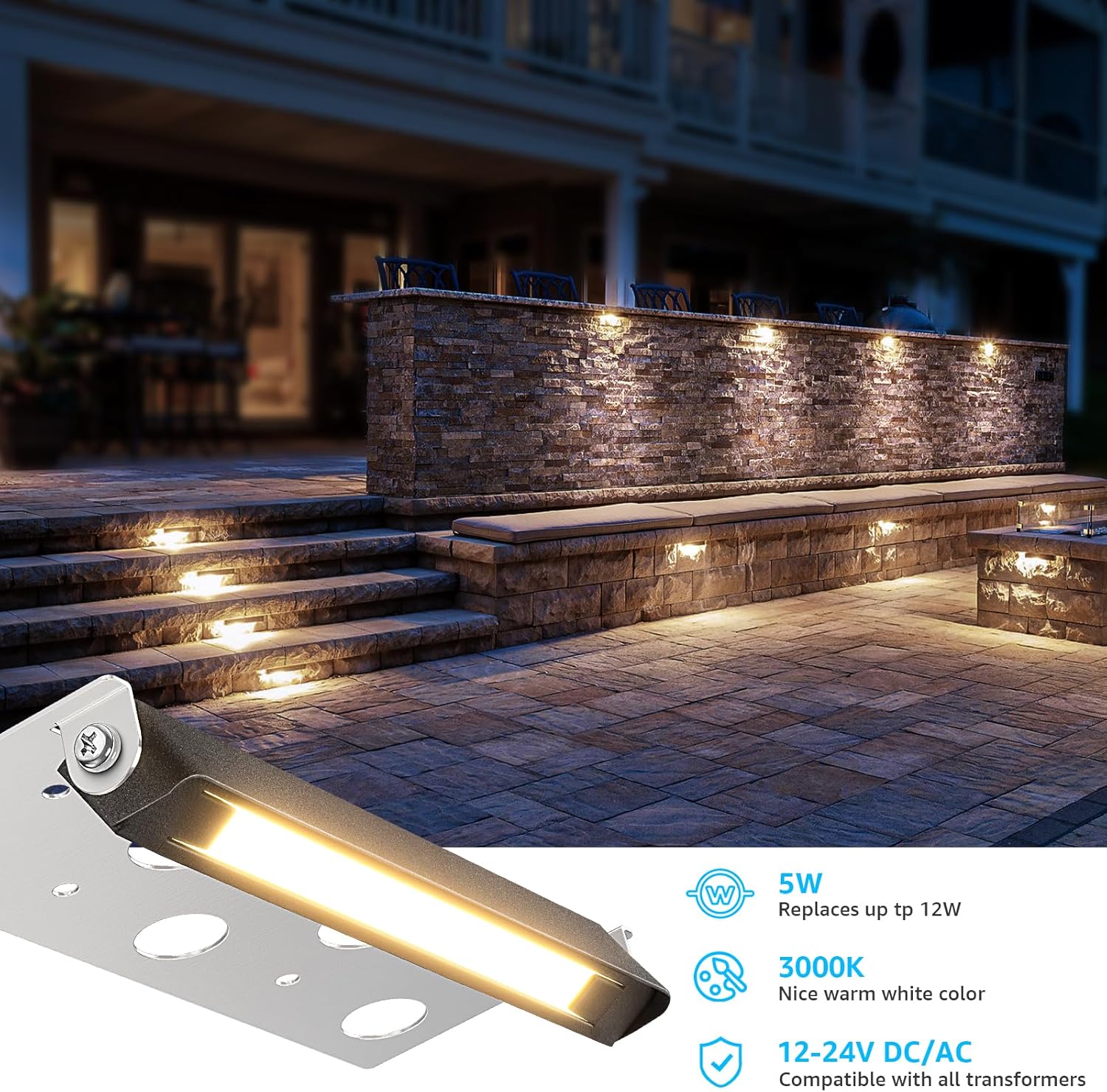 SUNVIE 7 Inch Retaining Wall Lights 5W LED Hardscape Lighting 12V-24V Low Voltage Step Lights 3000K Warm White Waterproof Outdoor Landscape Lighting for Patio Walls Stairs, 12-Pack with Connectors