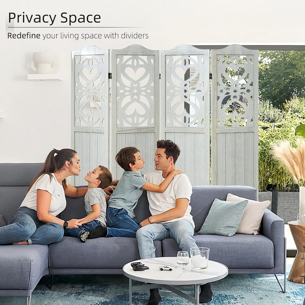 4 Panel Room Divider Panel, 5.6Ft Tall Room Divider Wall and Folding Privacy Screen, Carved Wall Divider Panel, Folding Portable Partition Screen, Divider for Room Separation - Light Gray