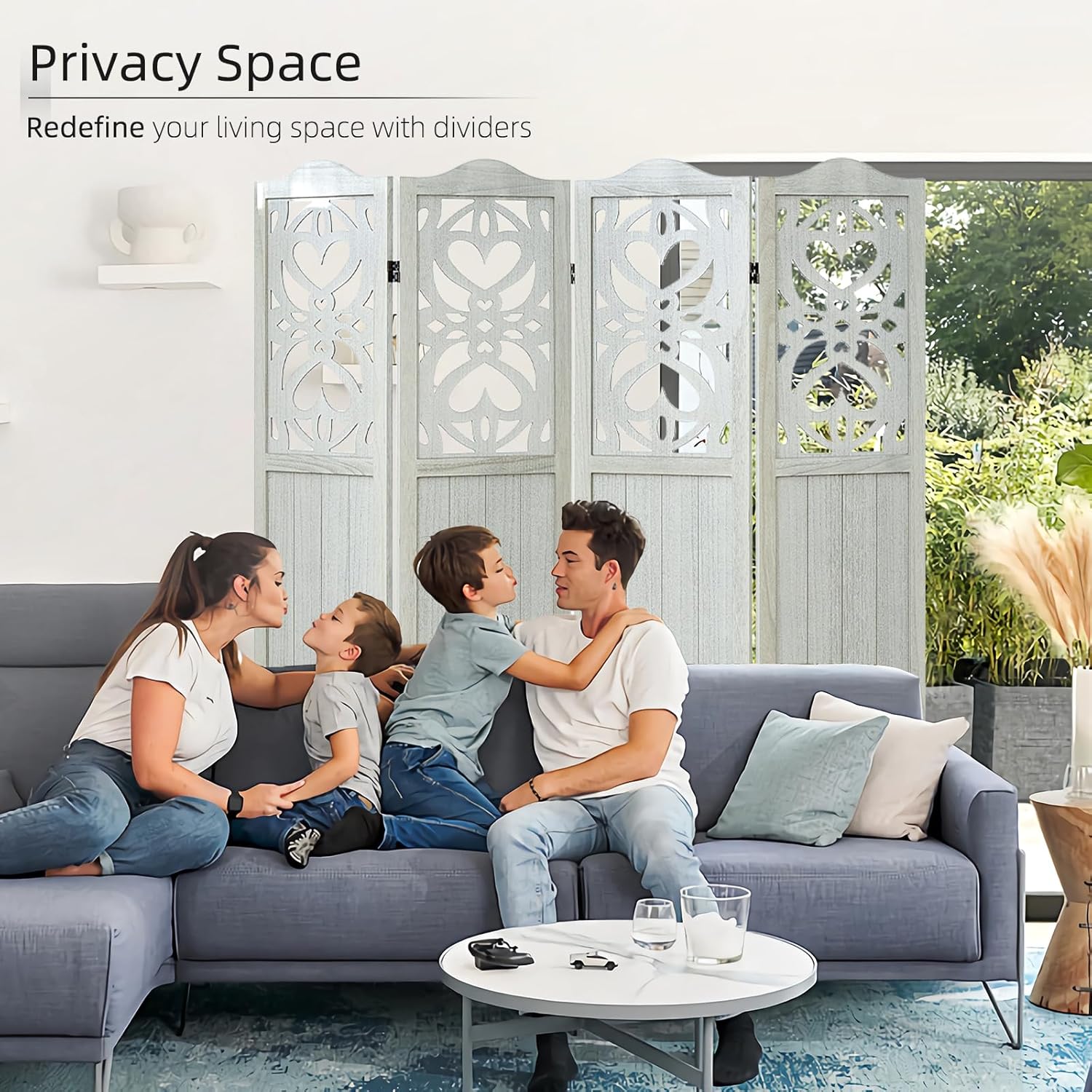4 Panel Room Divider Panel, 5.6Ft Tall Room Divider Wall and Folding Privacy Screen, Carved Wall Divider Panel, Folding Portable Partition Screen, Divider for Room Separation - Light Gray