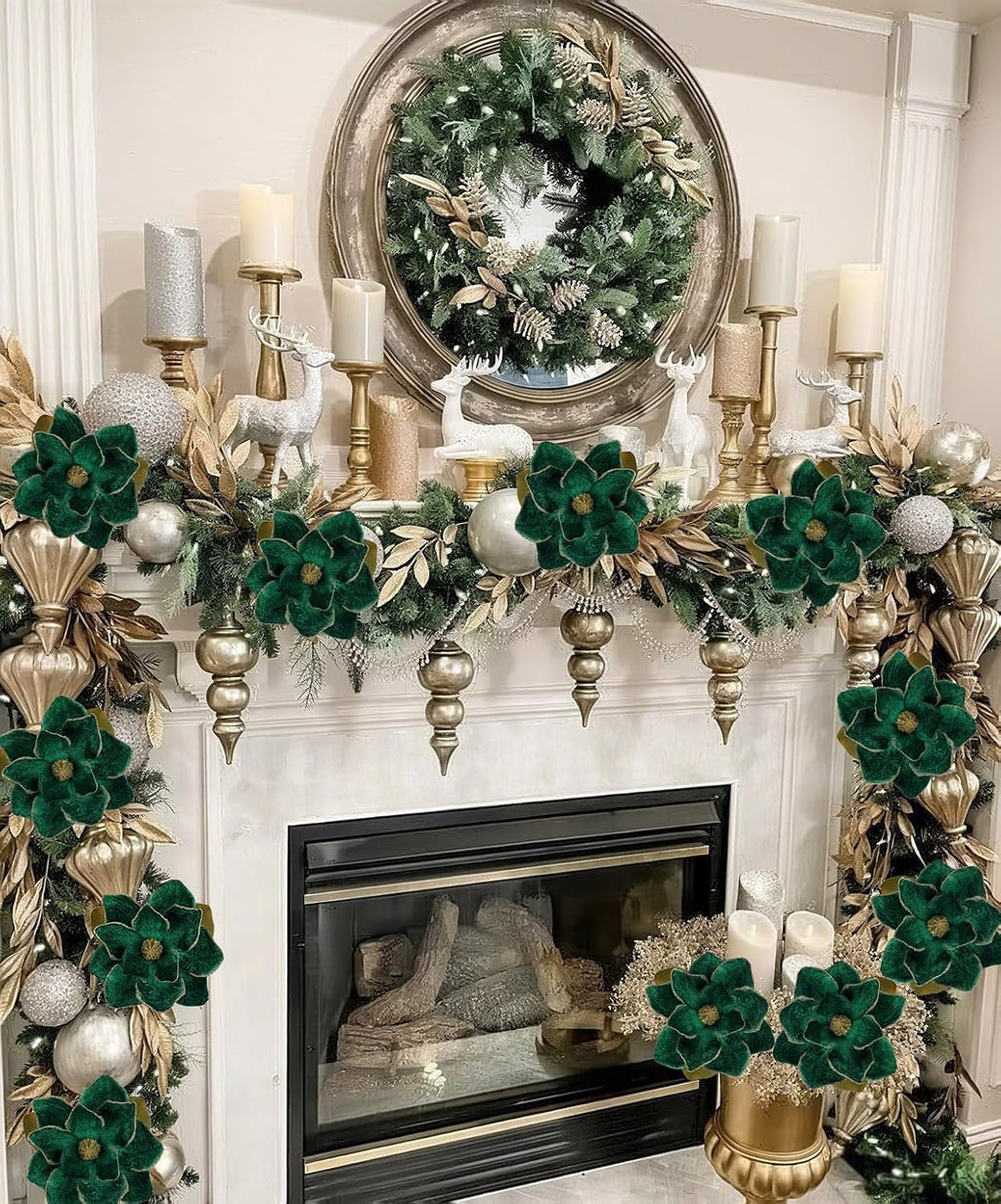 Briful Set of 3 Artificial Christmas Magnolias Flowers – 30’’ Long Stem Faux Magnolia Stems for Tree Ornaments, Holiday Centerpieces & Christmas Decor,Green