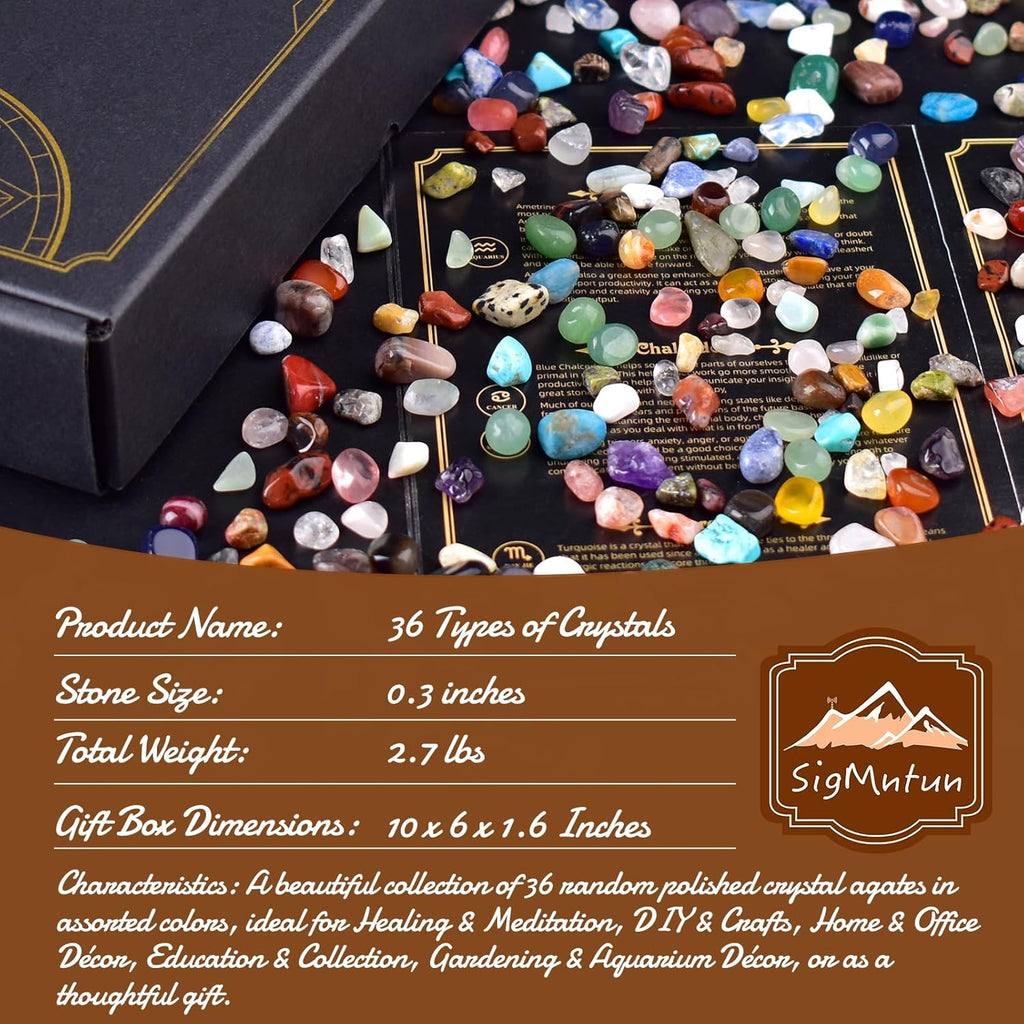 Polished Healing Crystal Chips & Stones Set – 36 Different Natural Gemstone Types, 2.5 lbs 0.3" Tumbled Decorative Rocks Collection for Chakra, Meditation, Reiki, Energy Work, Crafts, Gifts