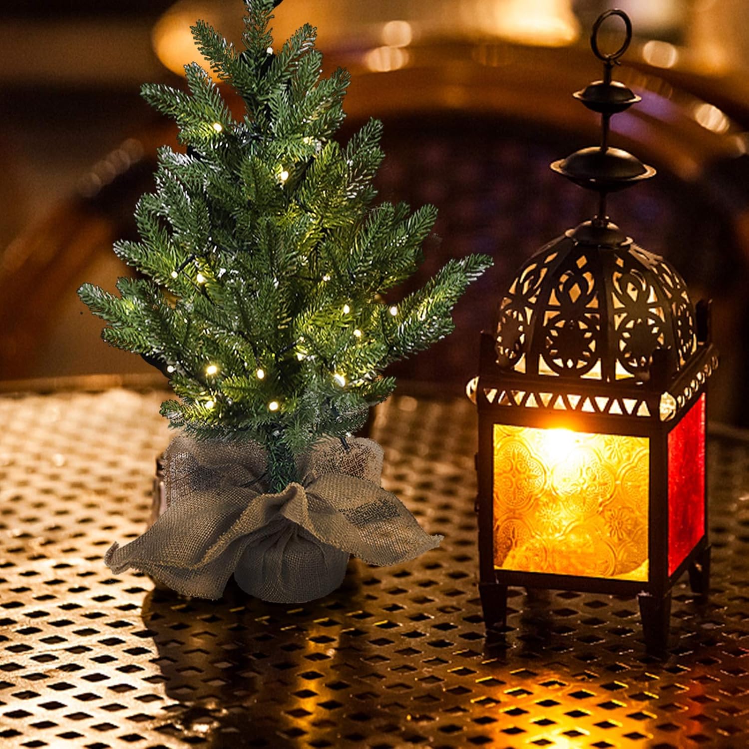 MorTime 24 Inch Mini Artificial Christmas Tree with 50 LED Lights, 2 ft Table Top Christmas Pine Tree 29 Tips with Burlap Wooden Base, Christmas Winter Home Decorations