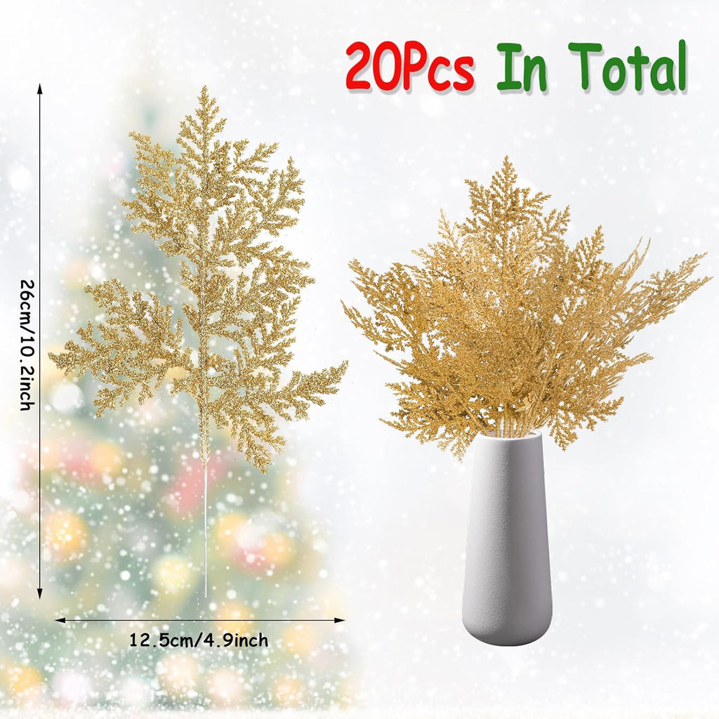 KIMOBER 20PCS Christmas Artificial Pine Needles,Glitter Golden Fake Floral Spray Picks Branches Twig for Xmas Tree Wreath Wedding Bouquet Decoration