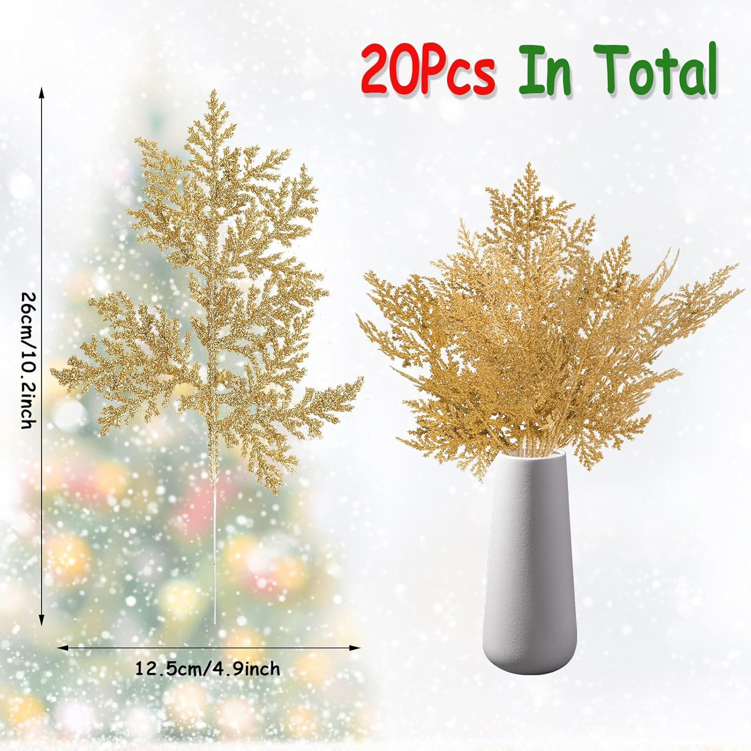 KIMOBER 20PCS Christmas Artificial Pine Needles,Glitter Golden Fake Floral Spray Picks Branches Twig for Xmas Tree Wreath Wedding Bouquet Decoration