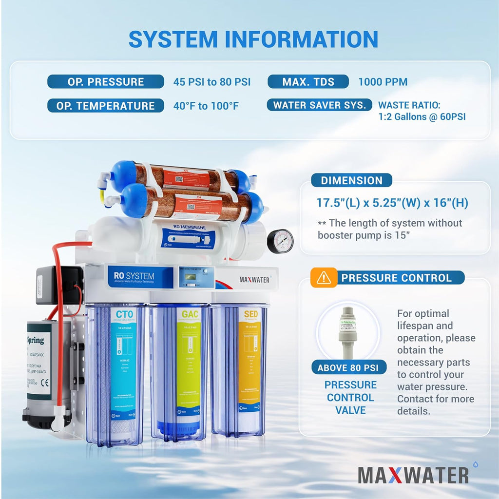 Max Water 6 Stage 200 GPD (Gallon Per Day) RODI (Reverse Osmosis Deionization) Water Filtration System + Digital TDS Meter + Booster Pump for Aquarium