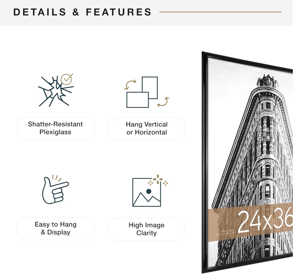 MCS Trendsetter 24x36 Poster Frame Black High-Gloss, Vertical & Horizontal Wall Hanging Large Picture Frame for Photos, Posters & Art Prints (1-Pack)
