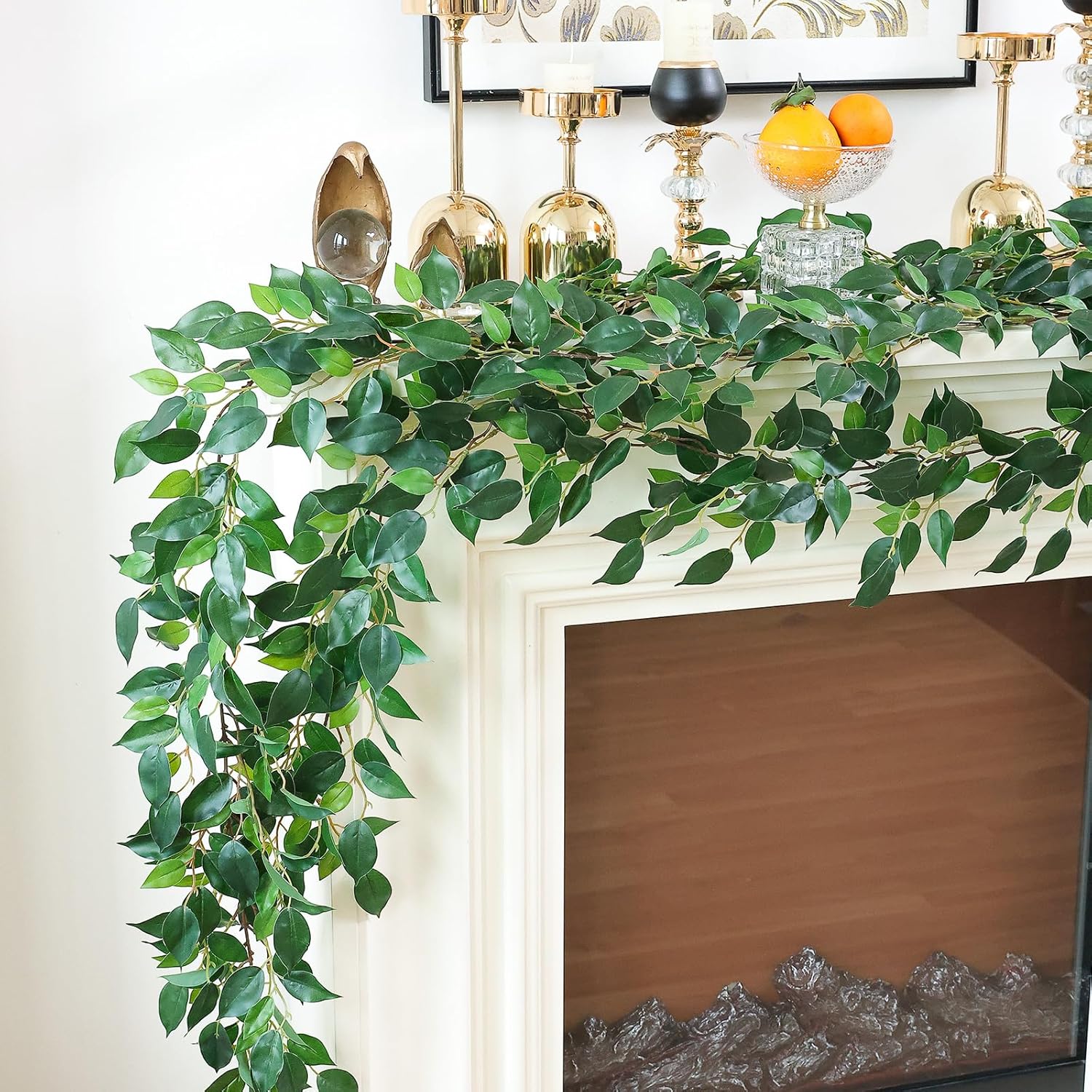 Mizii 2 Strands Artificial Vines Ficus Garland 78" Fake Vine with Silk Green Leaves Faux Hanging Plants Greenery Decorations for Bedroom Table Centerpieces Wall Party Wedding Room Decor (Ficus)