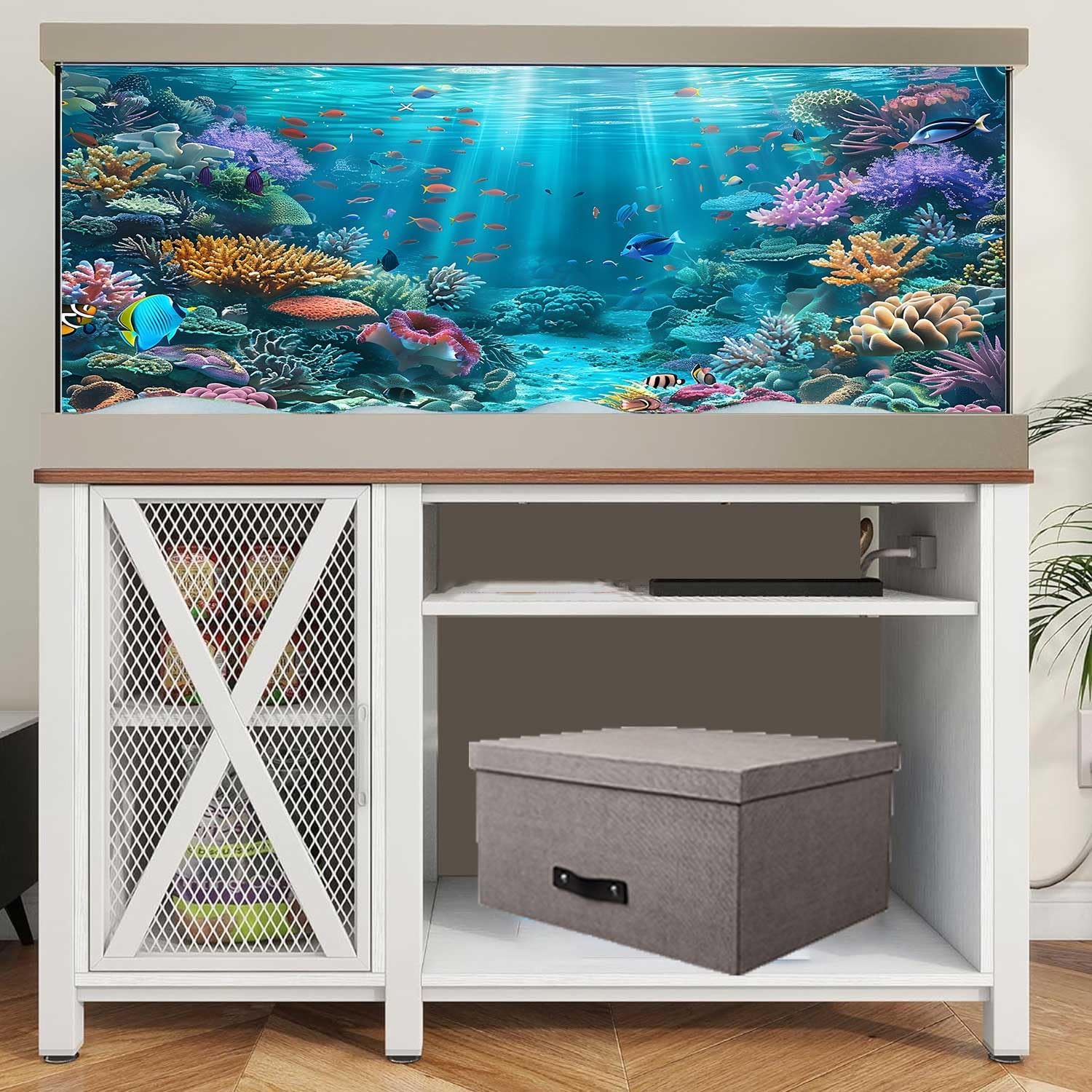 Underwater Aquarium Background, Ocean Floor Coral Reef Undersea Tropical Fish Coral Reef, Polyester Fish Tank Background with 6 EVA Double-Sided Tapes 48x24 inches/120x60