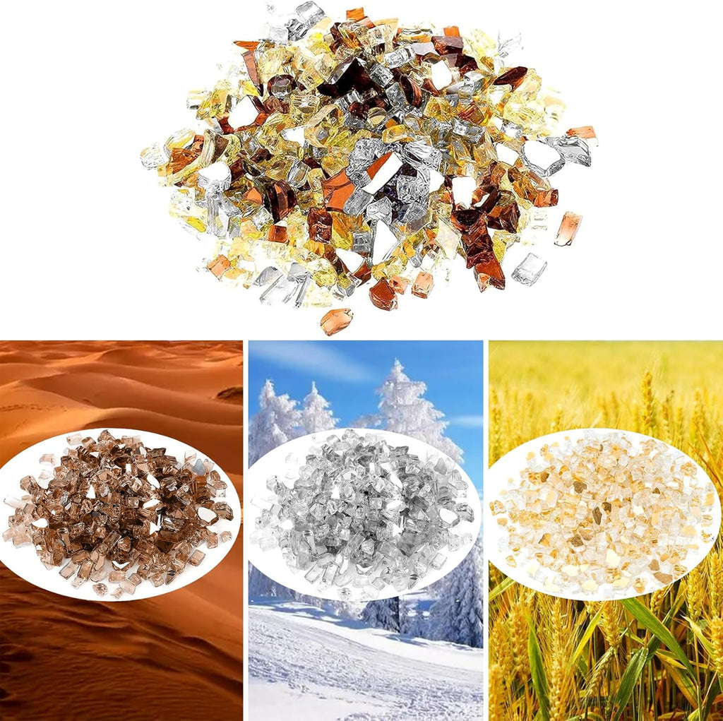 Onlyfire 10 Pounds Blended Reflective Fire Glass for Fire Pit Fireplace and Landscaping, 1/2 Inch Mixed Colored High Luster Fireglass Rocks for Outdoor and Indoor Use - Gold+Platinum+Copper