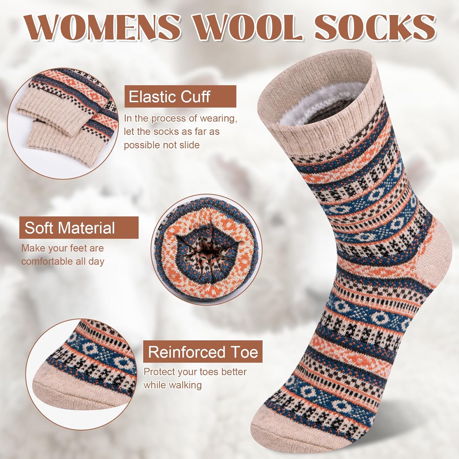 Justay 5 Pairs Wool Socks for Women - Winter Thick Boot Cozy Crew Vintage Soft Calf Knit Warm Socks Gifts