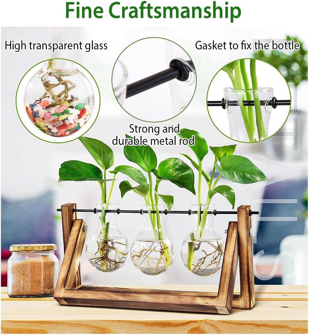Plant Propagation Station, Plant Terrarium with Wooden Stand, Tabletop Glass Planter Desktop Plant Propagation Vase with Metal Swivel Holder for Hydroponics Plants - 3 Bulb Vases