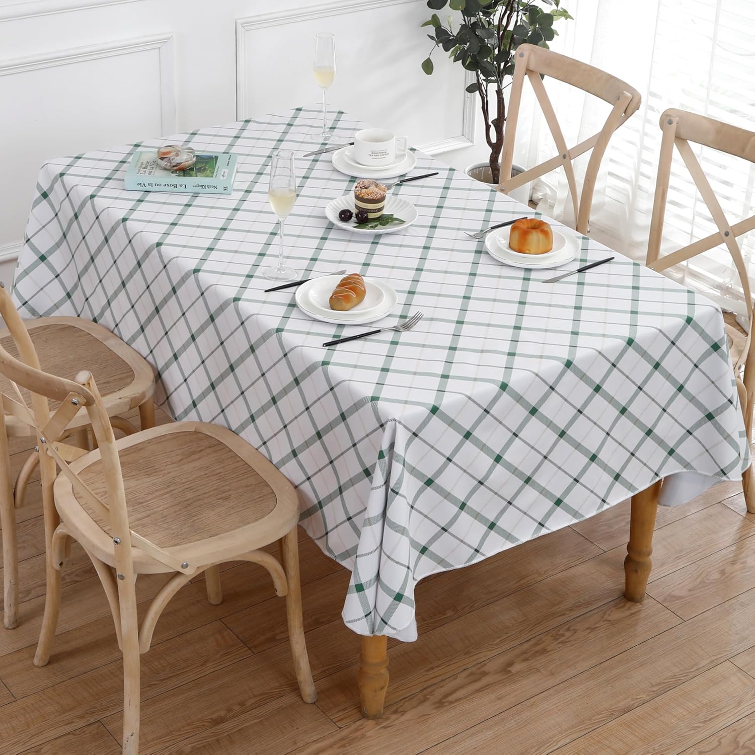 Heavy Duty Vinyl Tablecloth with Flannel Backing Waterproof Oil-Proof Plastic Table Cloth Stain-Resistant Wipeable Rectangle or Square Table Cover for Indoor and Outdoor (Green Plaid,54x54 Inch)