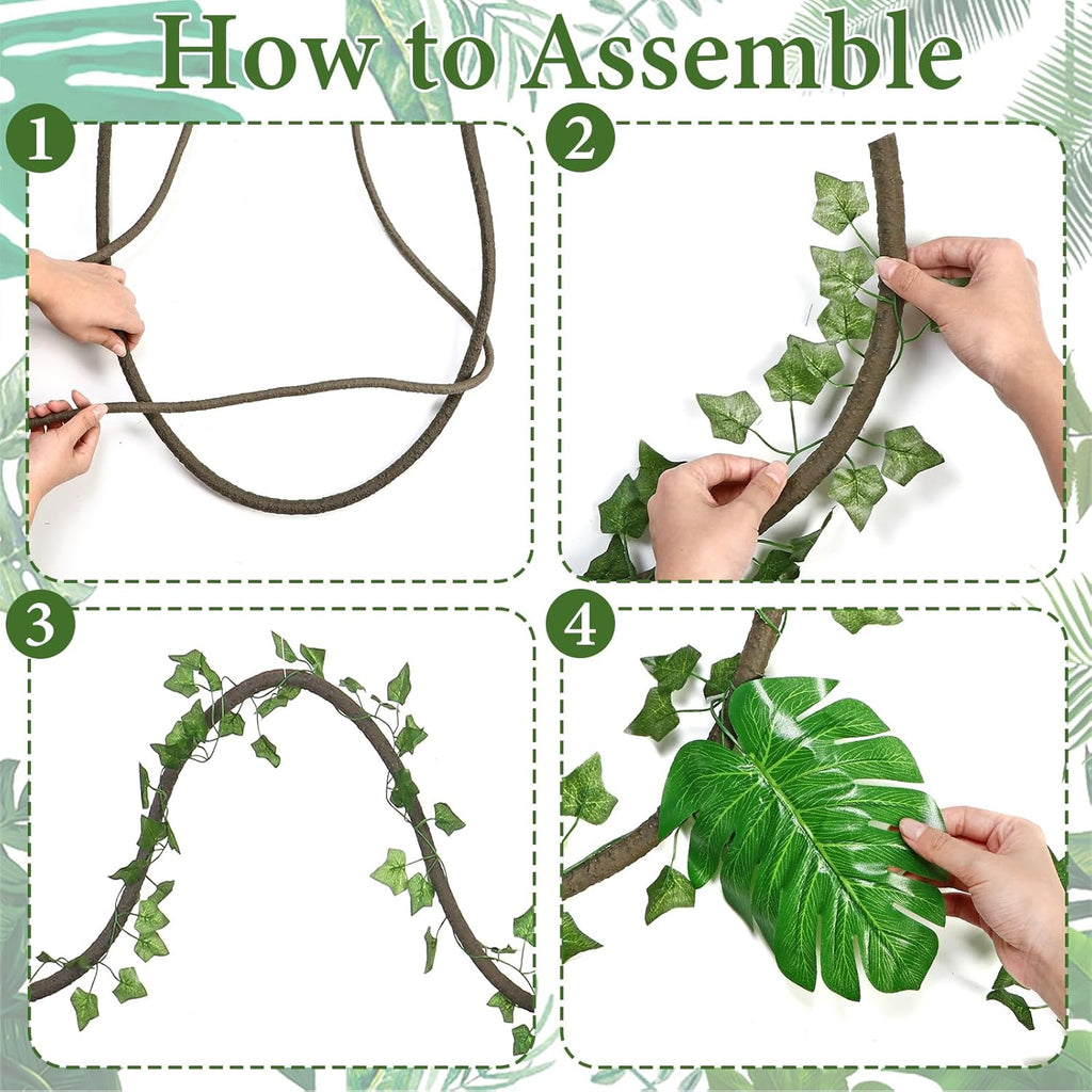 TOCHGREEN 2Pcs 9ft Jungle Theme Party Decorations Artificial Rattans 5 Ivy Fake Vines Tropical Rainforest Leaves Safari Plants with 30Pcs Tropical Palm Leaves for Indoor Outdoor Garden Party Decor