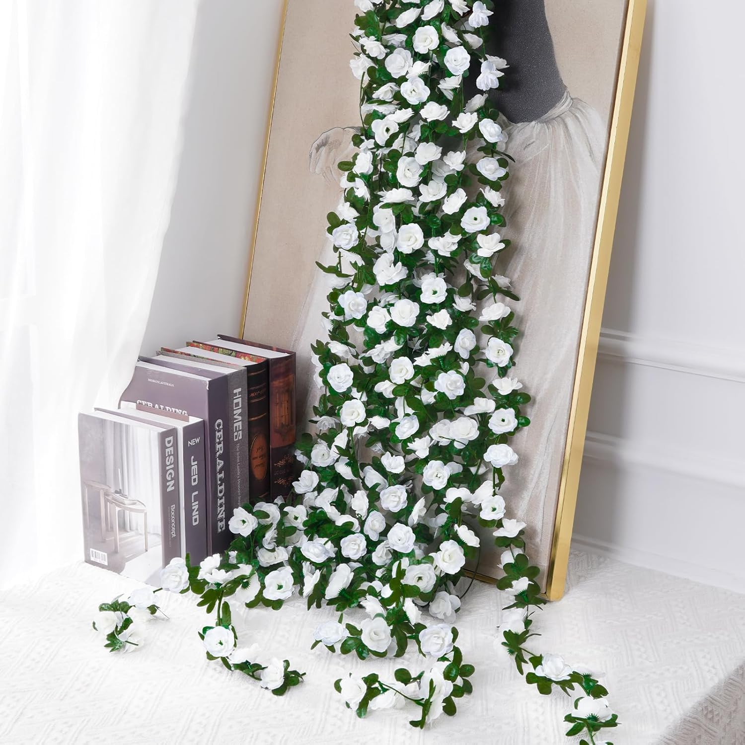 BLEUM CADE 5Pcs 41Ft Flower Garland Artificial Rose Vines for Bedroom, Cute Fake Hanging Flower Vines Floral Garland Decorations for Wedding Party Wall Room Decor Aesthetic