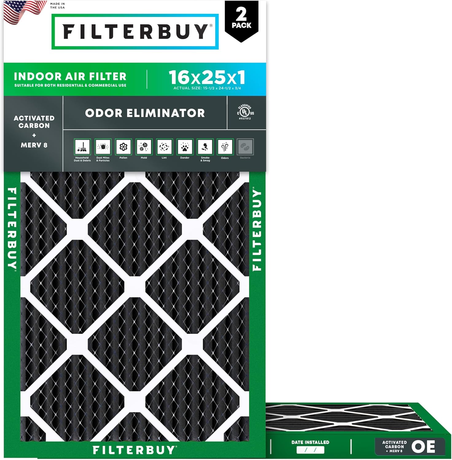 Filterbuy 16x25x1 Air Filter MERV 8 Odor & Allergy Defense with Activated Carbon (2-Pack), Electrostatic Pleated HVAC AC Furnace Filters Replacement, Made in USA (Actual Size: 15.50 x 24.50 x 0.75)