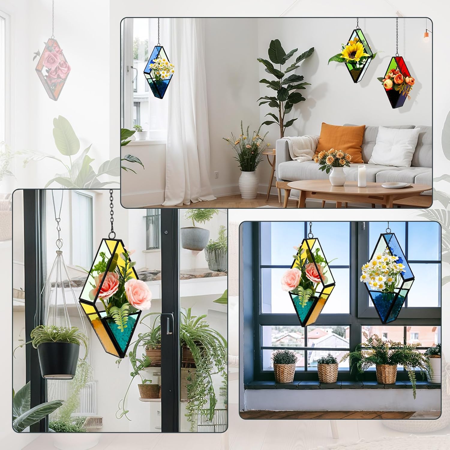 Hushee 4 Pcs Stained Glass Hanging Plant Terrariums Hanging Glass Planter Air Plant Holders with Chain for Window Christmas Home Decor Gifts for Mom Women, 7.87 x 3.94 x 1.97 Inch(Bright Color)