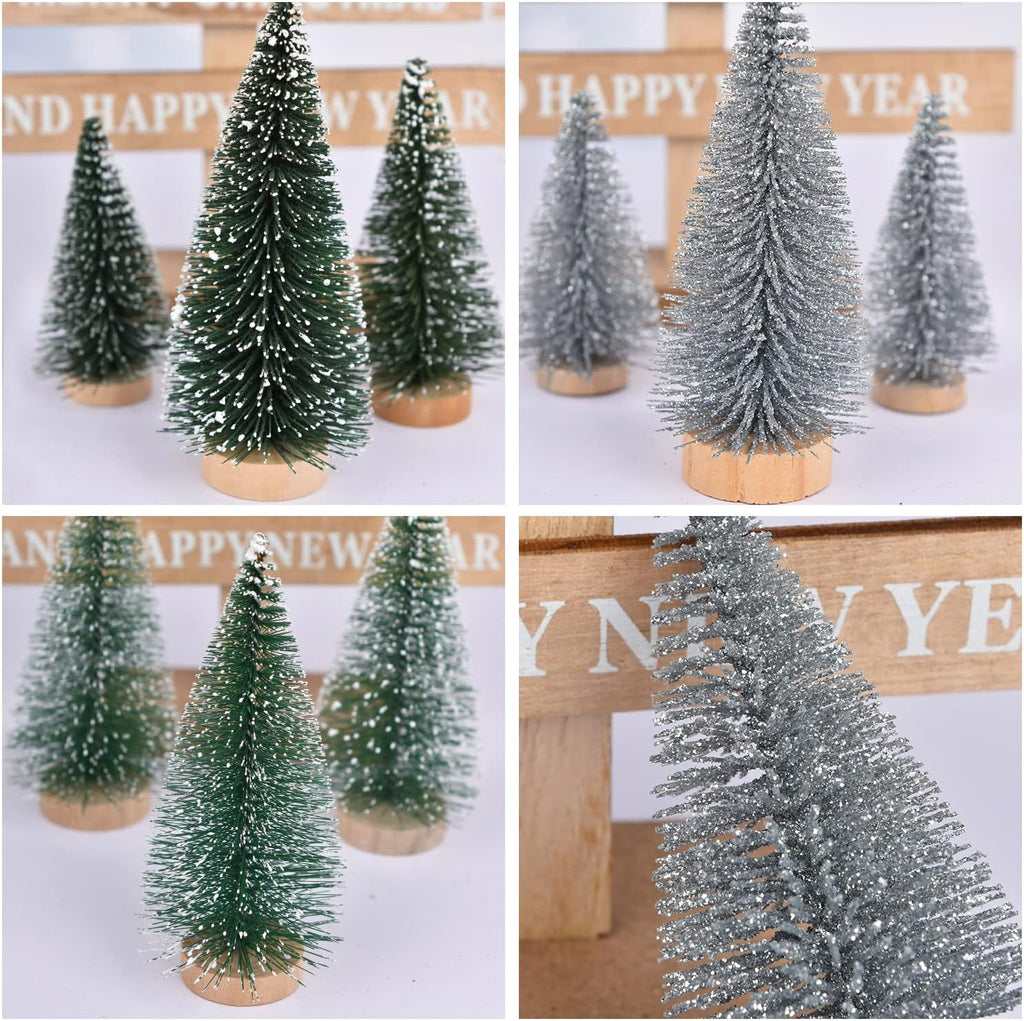 DearHouse 30PCS Artificial Mini Christmas Trees, Mini Pine Tree Sisal Trees with Wood Base Bottle Brush Trees for Christmas Table Top Decor Winter Crafts Ornaments (Silver, 30)