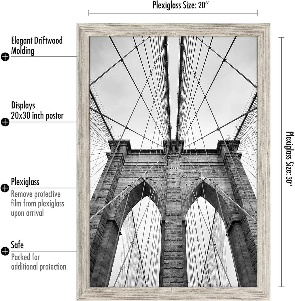 Americanflat 20x30 Poster Frame with Polished Plexiglass - Wide Picture Frames Made of Engineered Wood for Vertical or Horizontal Wall Display - Epic Collection - Driftwood