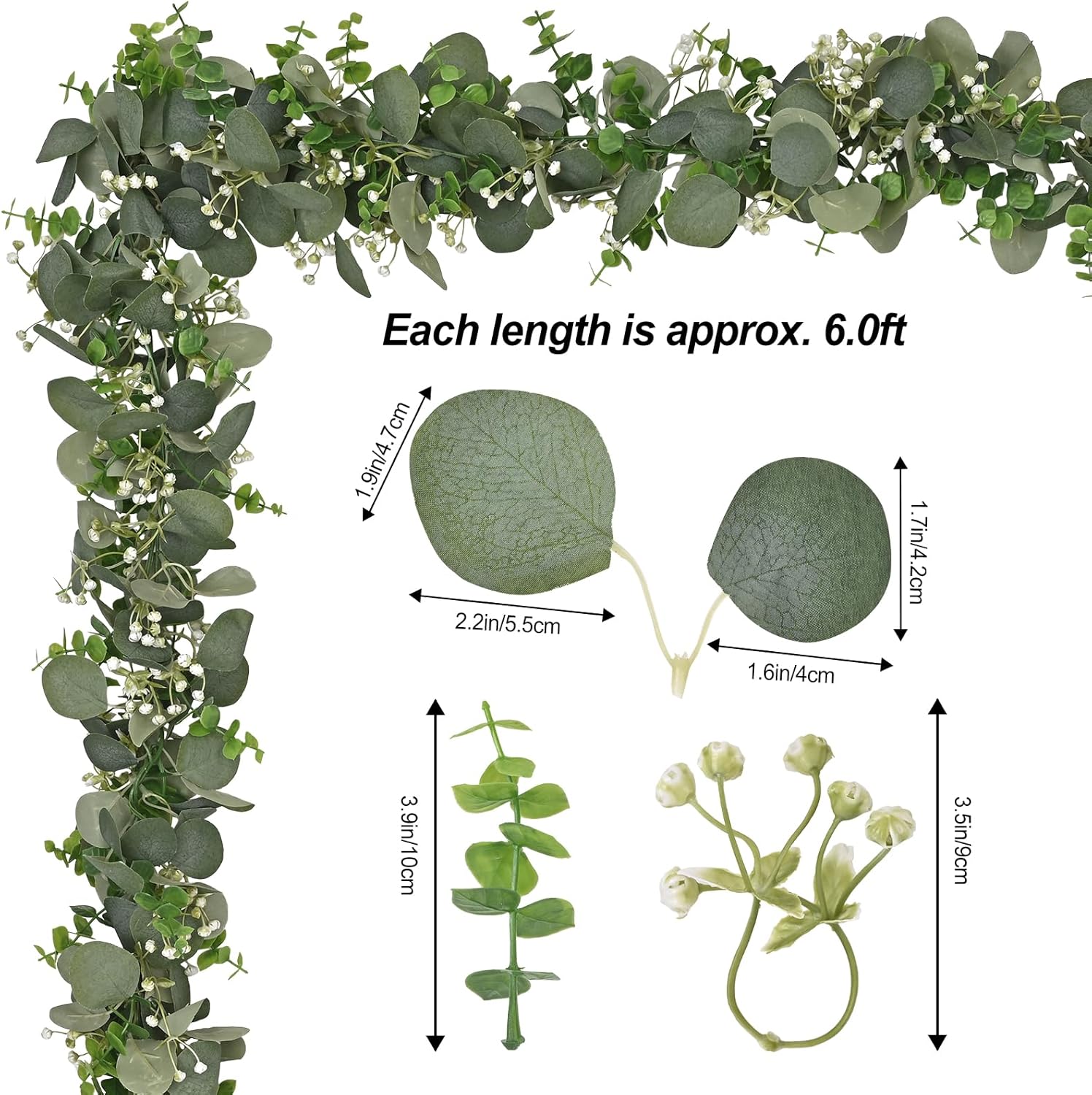 Dolicer 2 Packs 6FT Artificial Eucalyptus Garland, Faux Greenery Garland Fake Vines Hanging Silver Dollar Eucalyptus Leaves for Wedding Backdrop Arch Table Wall Party Home Decor