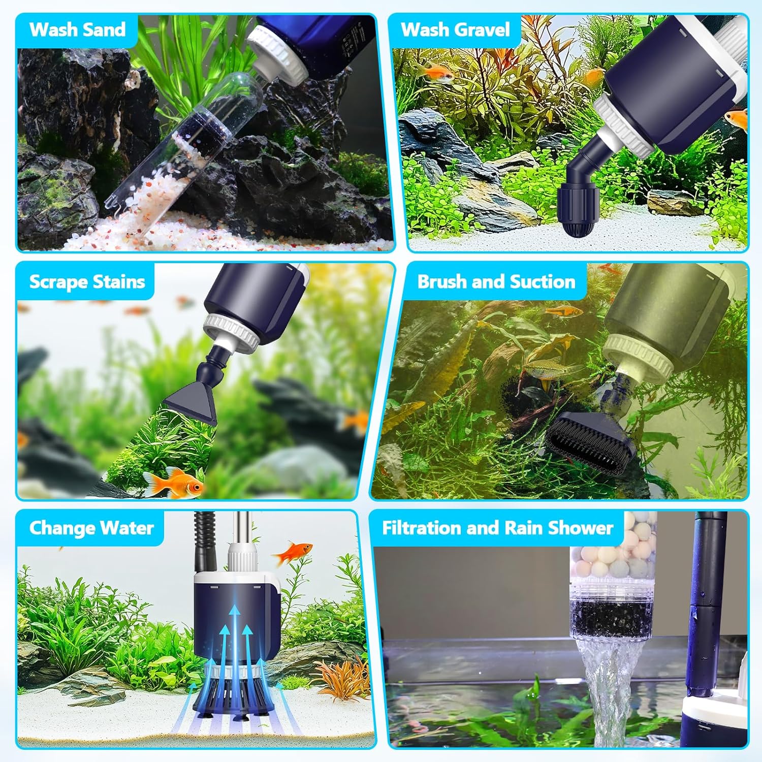 AQQA DC Fish Tank Cleaner, Electric Aquarium Water Changer with 6-in-1 Cleaning Heads & 3-Stage Filter Cup – Stainless Steel Handle Gravel Vacuum for Fish & Turtle Tanks, Adjustable Flow 34W 600GPH