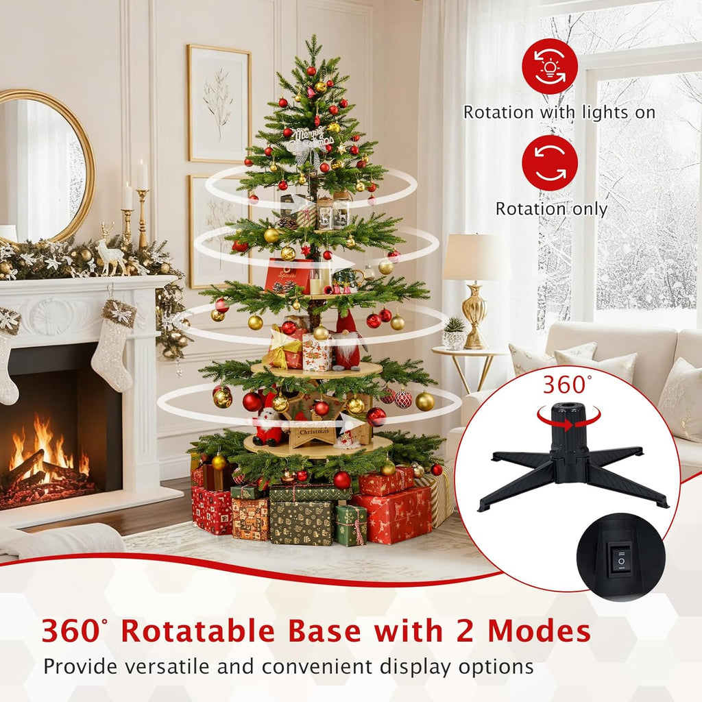 Goplus 6.4 FT Pre-Lit Rotating Christmas Tree with Display Shelves, 360° Rotatable Base, 220 Warm White & Multicolored LED Lights, 11 Modes, 280 Branch Tips, Hinged Artificial Xmas Tree for Home