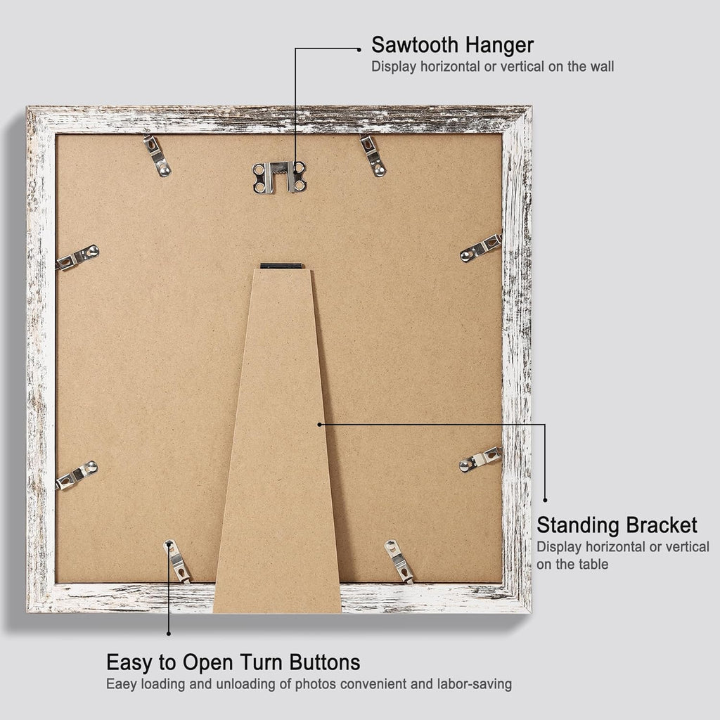 12x12 Picture Frame Set of 4 - Made of Glass and Distressed White Wooden Frame, Display Square Pictures 10x10 with Mat or 12 x 12 without Mat, Desktop & Wall Collage Photo Frame