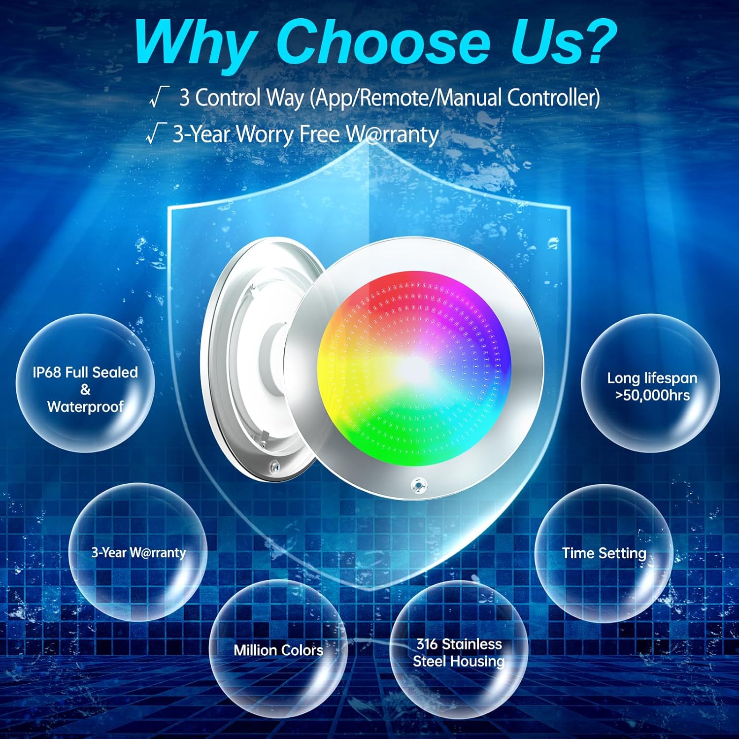 60ft Led Smart Pool Lights for Inground Pool with 3 Control Way (App/Remote/Controller), 54W 10 Inch Color Changing Underwater Swimming PoolLight for 10" Large Wet Niches
