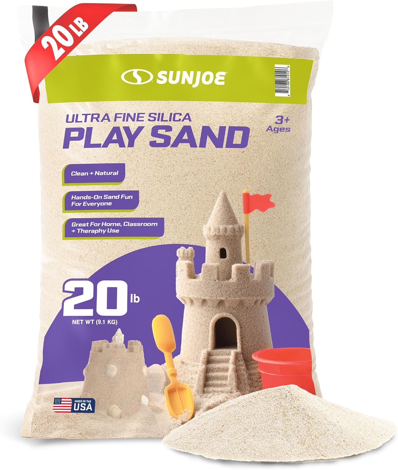 Sun Joe Silica Play Sand for Sandbox, Sensory Table & Garden Spaces, Ultra Fine, 20 Lb Bag - Indoor and Outdoor Natural Craft Accessory for Molding, Digging, Sculpting and Gardening, PLYSAND20