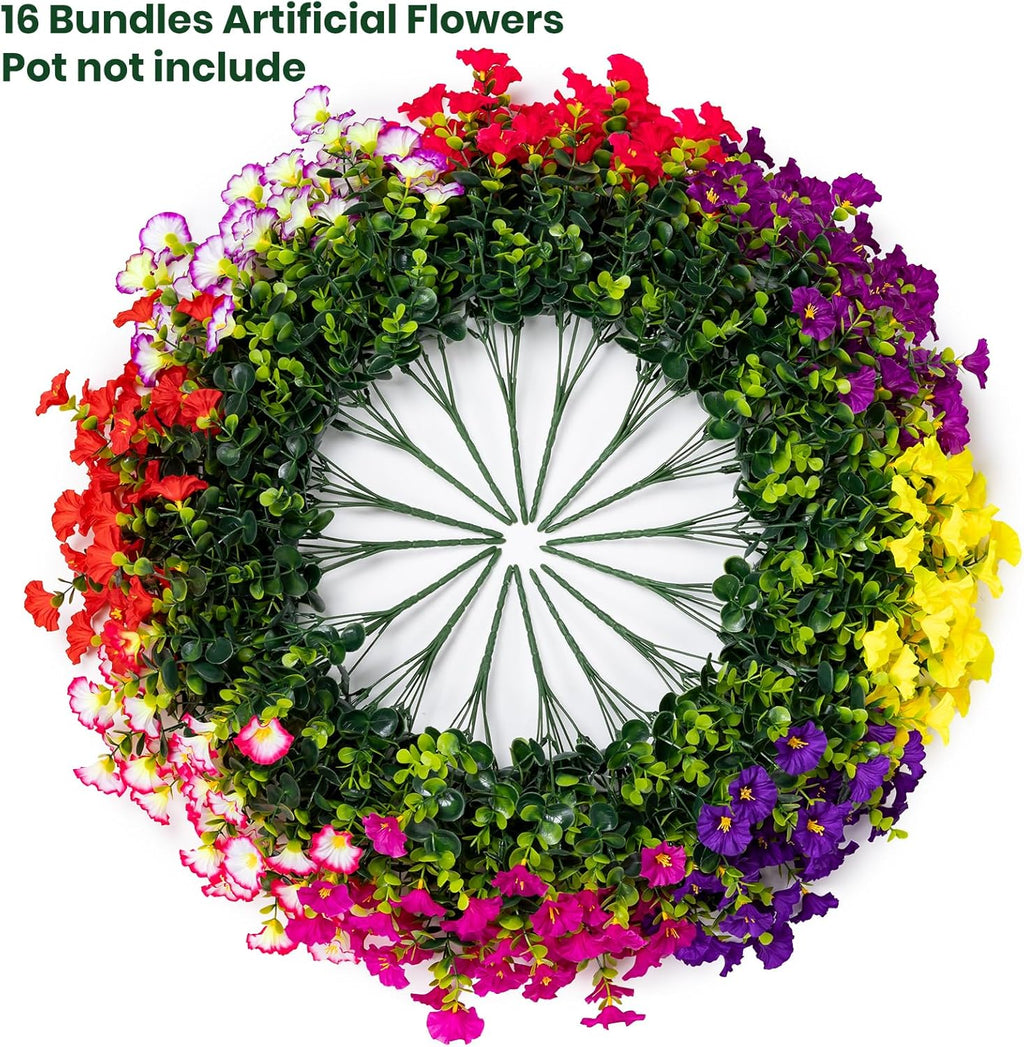 Artificial Faux Flowers for Outdoor 16 Bundles Boxwood Fake Morning Glory for Planter,UV Resistant Fake Flowers for Home Porch Patio Outside（8 Color）