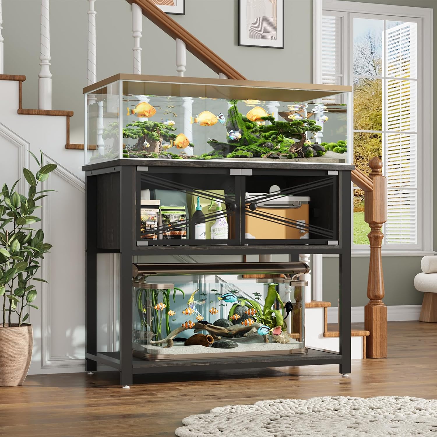 Rresyet 40-50 Gallon Aquarium Stand with Heavy Duty Metal Frame, Fish Tank Stand with Power Outlets, Two Glasses Door Storage Cabinet, Suitable for Turtle Tank, Reptile Tank, Black