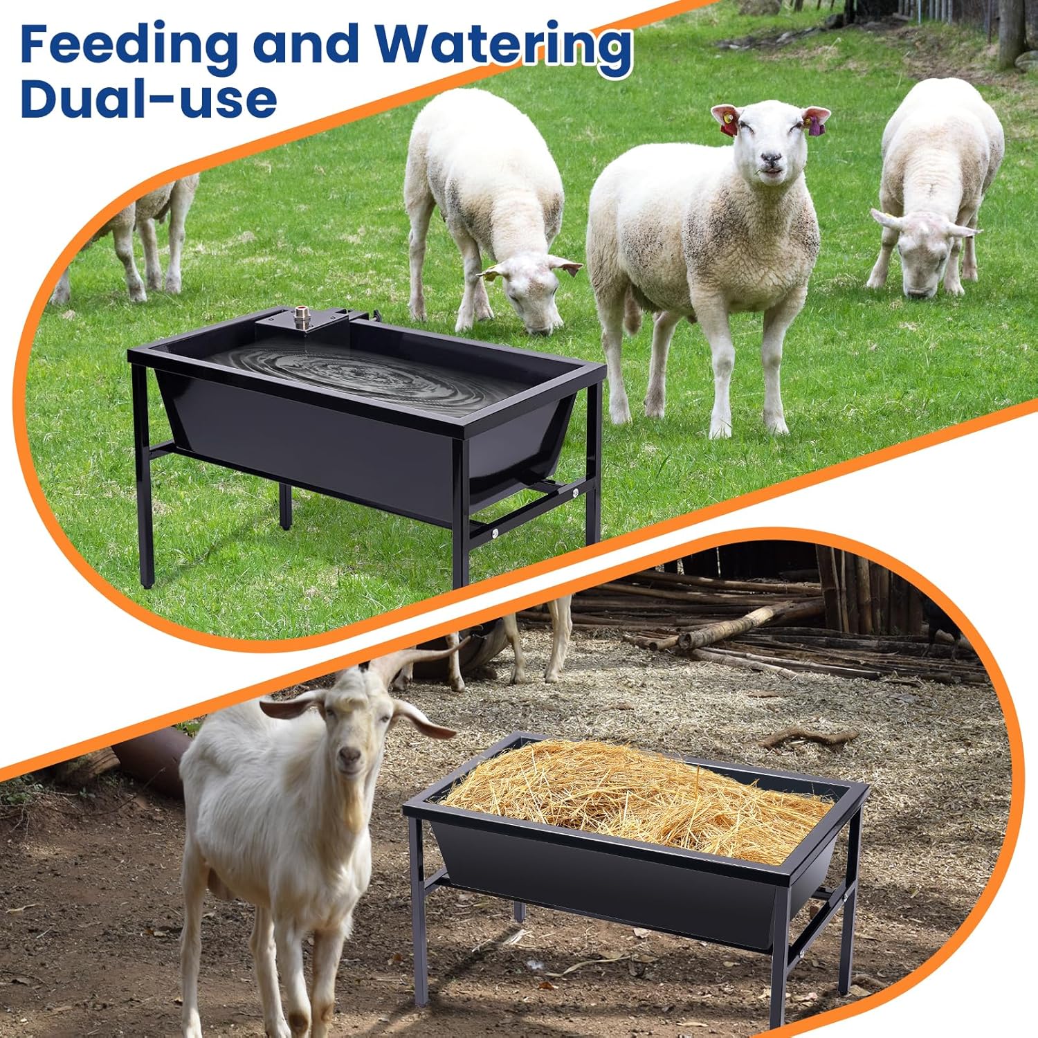 2pcs Livestock Feeder and Water Trough with Auto-Fill Float Valve Stainless Steel Goat Feeder Horse Trough Automatic Waterer for Goat, Sheep, Horse, Pig, Cattle, Large Dog Water Dispenser
