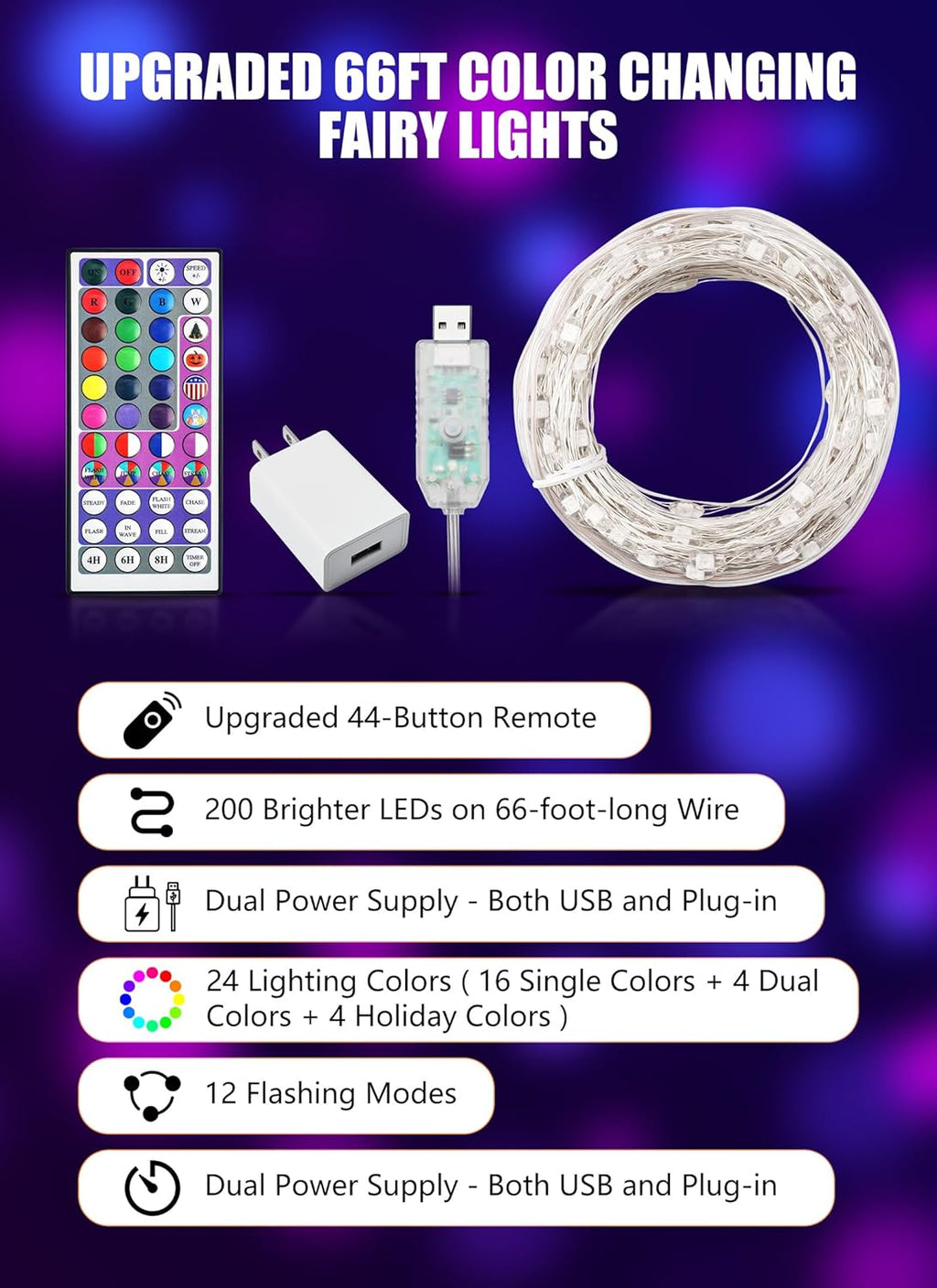 Minetom Upgraded Color Changing Fairy String Lights - 66 ft 200 LED 24 Colors USB Silver Wire Lights with Remote and Timer for DIY Bedroom Party Indoor Christmas Decoration, Adapter Included