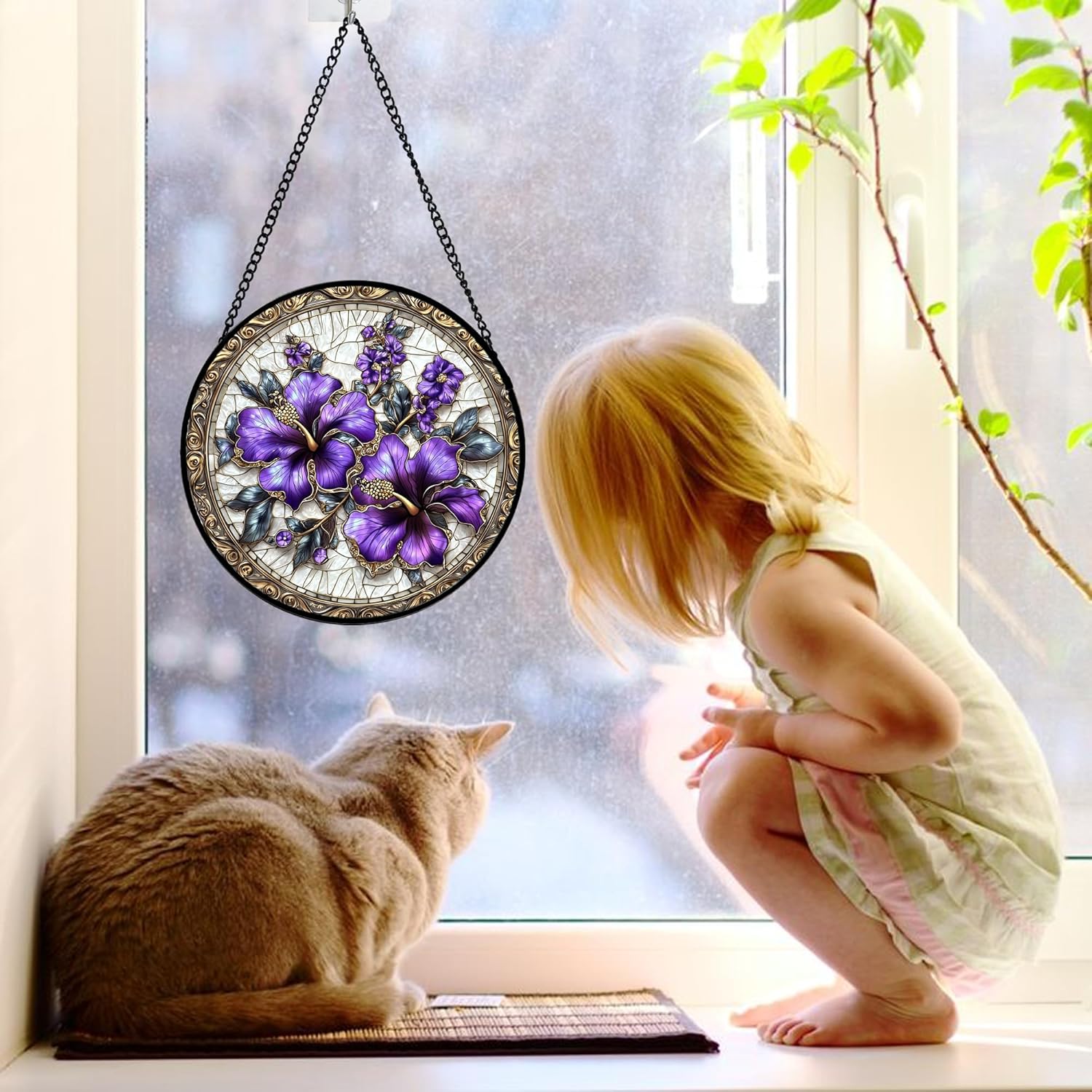 Stained Glass Window Hanging, Purple Flowers Romantic Suncatcher for Doors Home Sun Catchers Decoration and Christmas, Mother's Day Birthday Gifts for Women, Men, and Mom 7.8 in