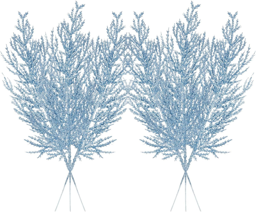 Christmas Glitter Stems 24pcs Artificial Pine Tree Picks for Christmas Tree Ornaments fillers, DIY Xmas Wreath, Crafts, Garland, Holiday, Party, Wedding and Home Decoration (Light Blue)