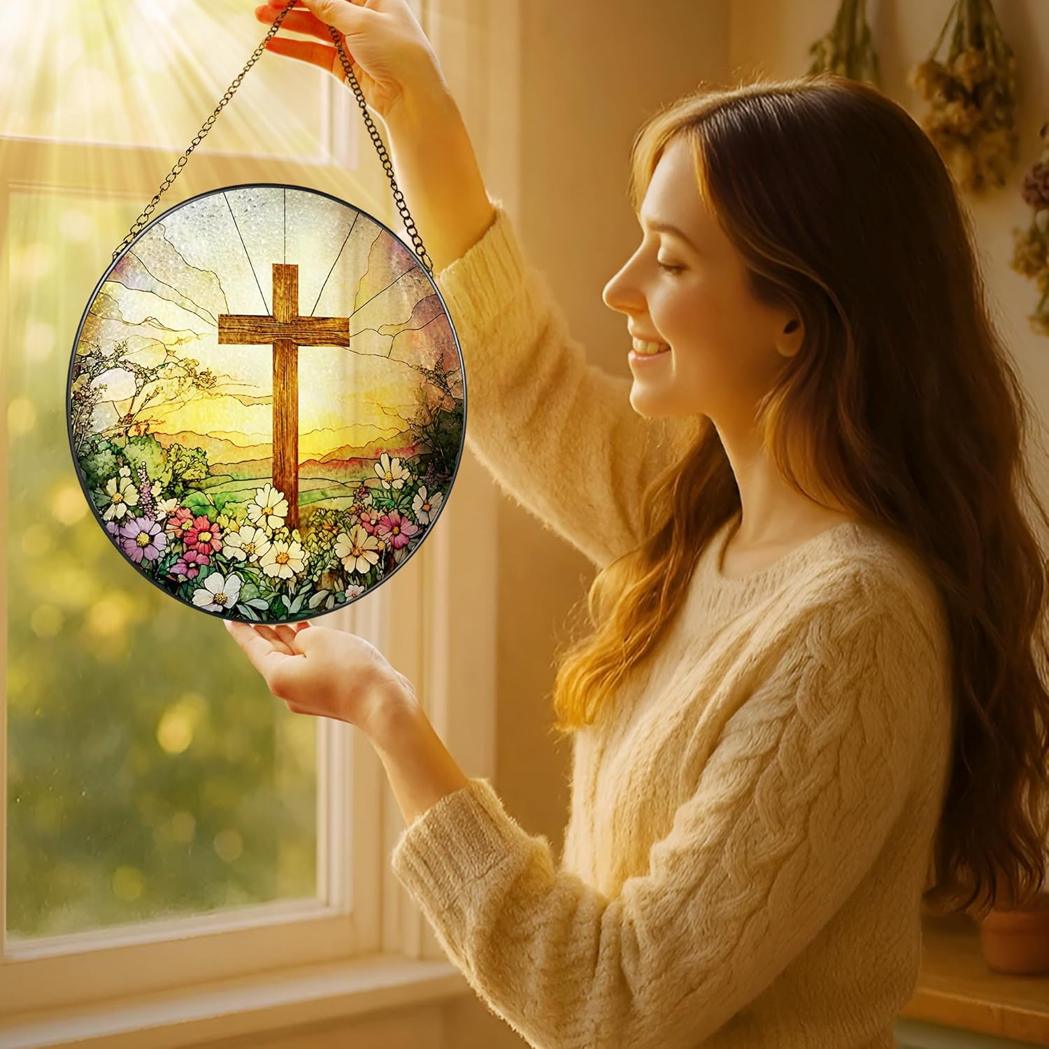 8 Inch Stained Glass Cross and Wildflowers Suncatcher Christian Stained Glass Windows Hanging Flower Cross Gift for Religious Easter Faith Christian Gifts Religious Home Decor