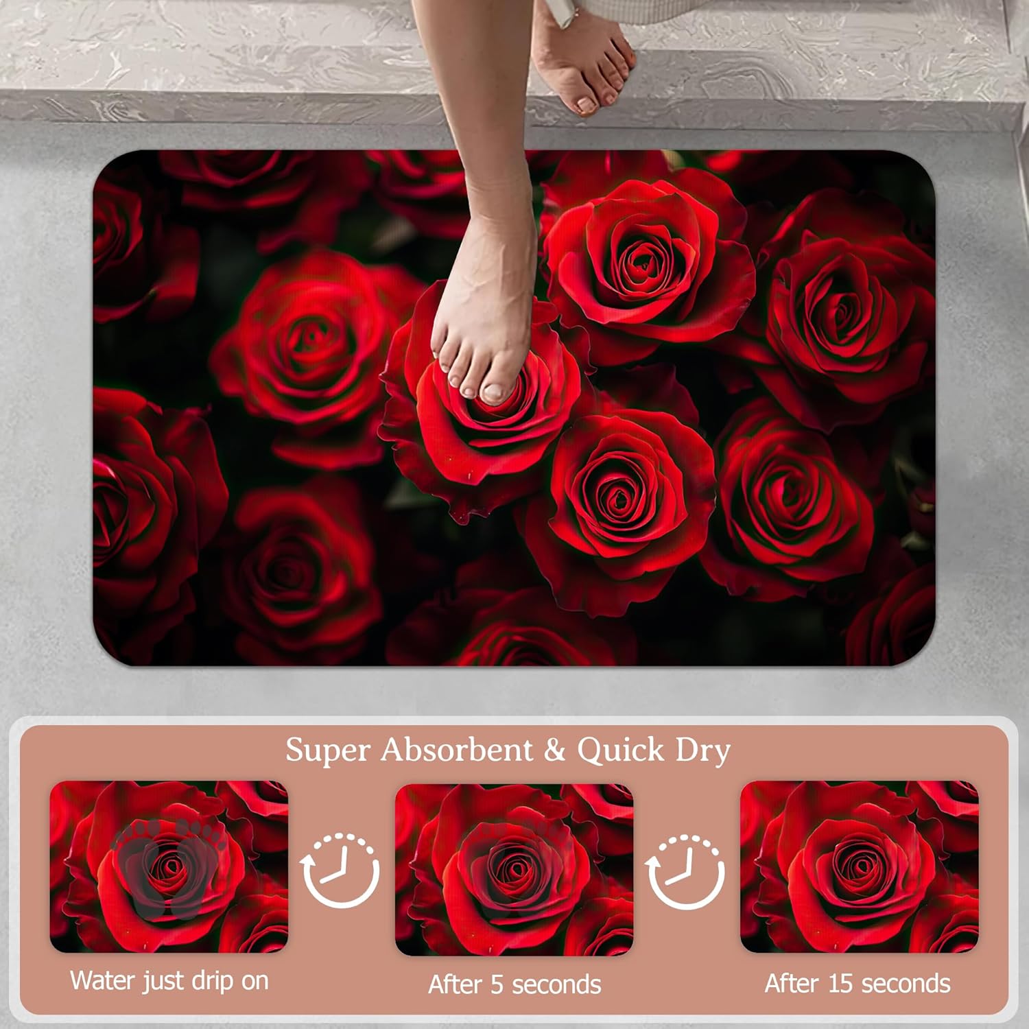 Non Slip Bath Mat,Red Roses Bathroom Decor,Floral Diatomaceous Bath Mat Quick Dry Absorbent Bathroom Rugs-Shower Rug for Kitchen Laundry Bathtub Shower 17"x29.5"