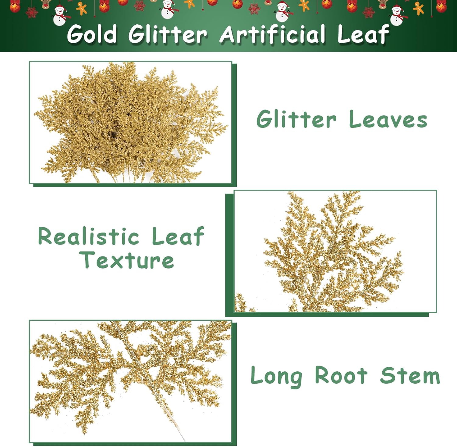 KIMOBER 20PCS Christmas Artificial Pine Needles,Glitter Golden Fake Floral Spray Picks Branches Twig for Xmas Tree Wreath Wedding Bouquet Decoration
