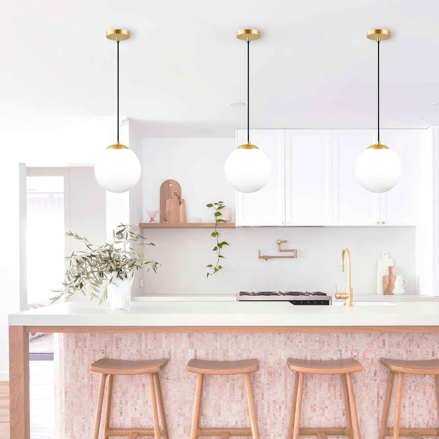 KoKo&Yukina 8 Inch Gold Modern Globe Pendant Light White Glass with Brass Finish Contemporary Mid Century Adjustable Hanging Light Fixture for Living Room Bedroom Bathroom Kitchen (Bulb Incl.)