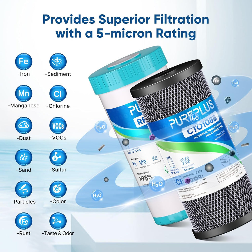PUREPLUS 5 Micron 4.5"x 10" Whole House Water Filter Cartridge Combo Kit with Activated Carbon Block, and Iron Reduce Filter, Replacement for WFHDC8001, CB-BB-10, GE FXHTC, GXWH40L, GXWH35F, 1PACK