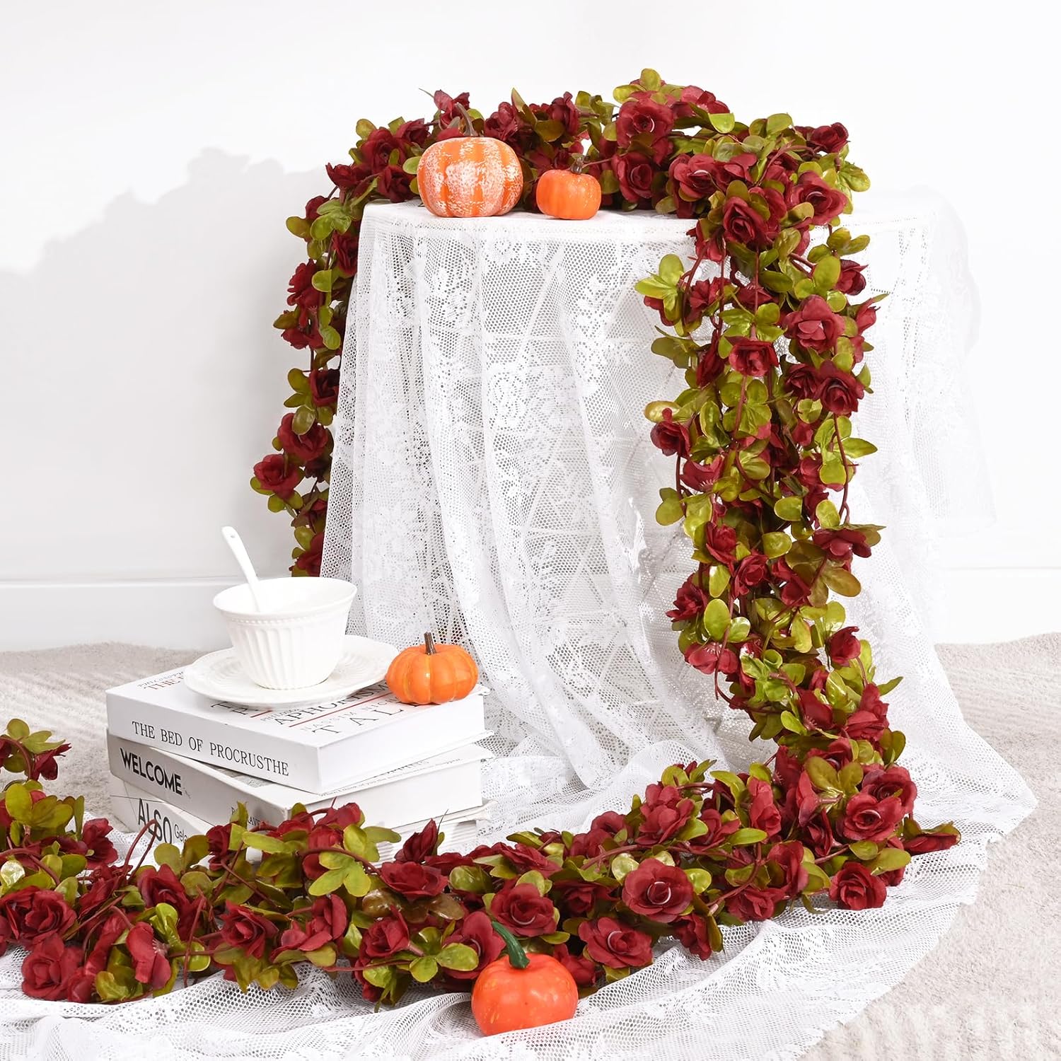 BLEUM CADE 2Pcs 16.4Ft Flowers Garland Artificial Rose Vines for Bedroom, Cute Fake Hanging Flower Vines Floral Garland Decorations for Wedding Party Wall Room Decor Aesthetic