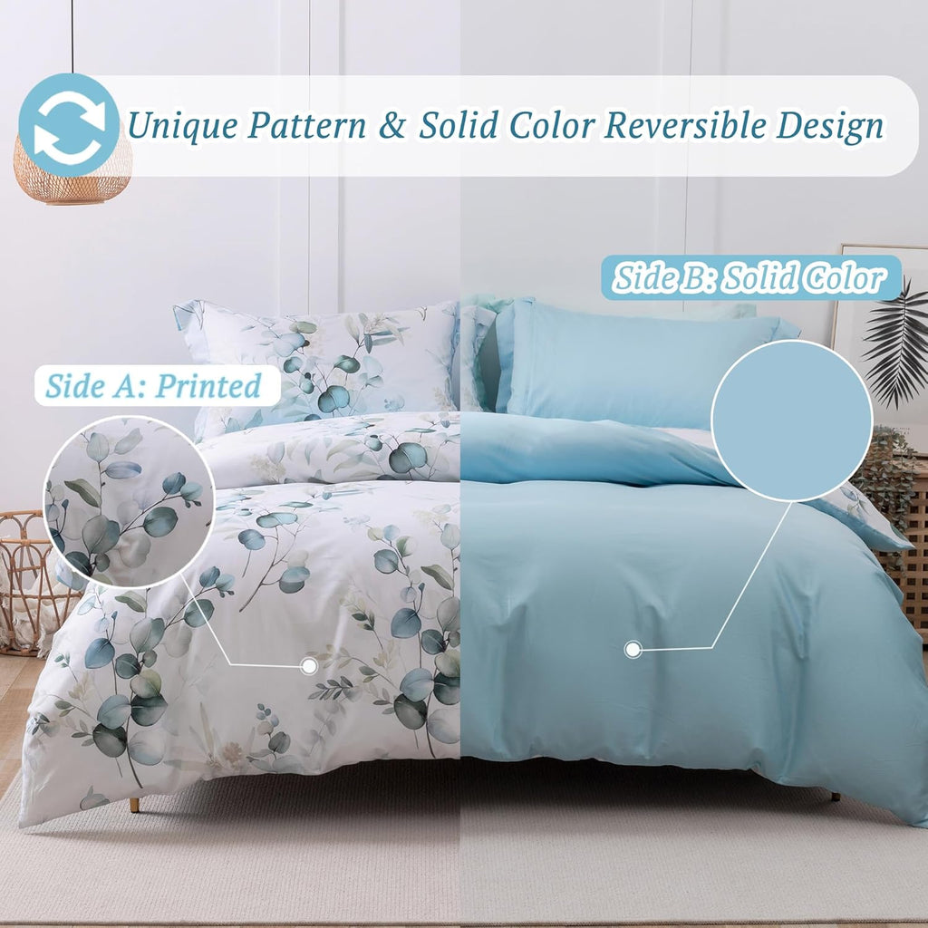 MILDLY 100% Long-Staple Cotton Duvet Cover Set Baby Blue Teal Gradient Leaf Pattern Printed Comforter Cover 3pcs, Ultra Soft & Breathable Bedding Set