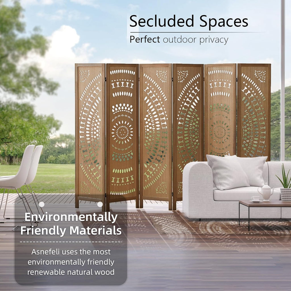Wood Room Divider Wall and Folding Privacy Screen, 5.6 FT Tall Room Divider 6 Panel, Foldable Divider Panel, Environmentally Friendly Carved Privacy Divider for Home Bedroom Office (Brown)