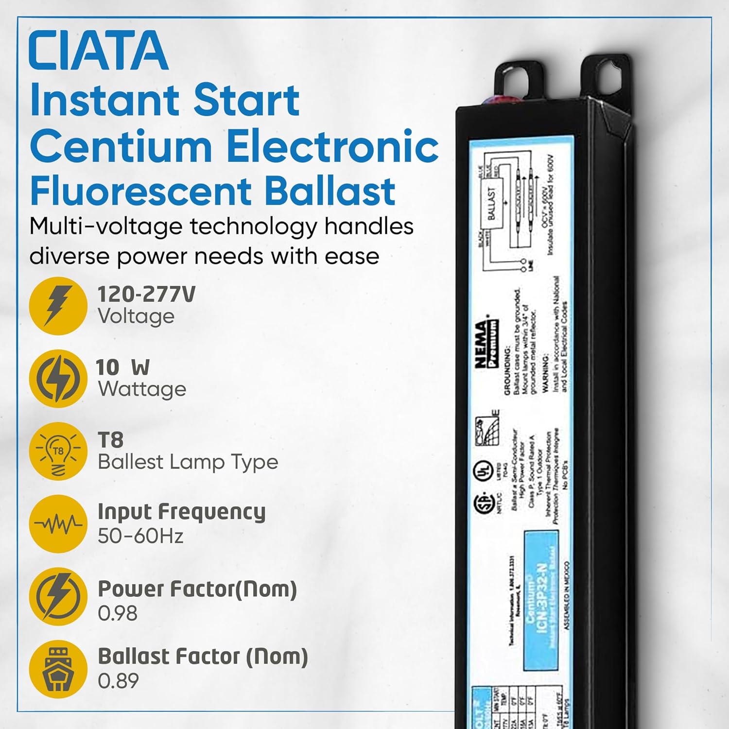 ICN3P32N, 120-277V, 50-60Hz Input Frequency, Solid Wire Type, Instant Start Centium Electronic Fluorescent Ballast for 3 F32T8 Lamp Type, Indoor/Outdoor Use with Automatic Restart Ballast Box, 10 Pack