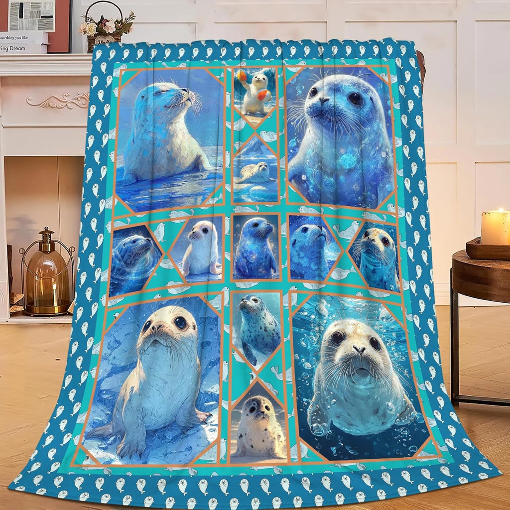 Seal Throw Blanket Ocean Seal Stuff Gifts for Kids Girls Boys Adults Women Men Soft Cozy Warm Plush Fluffy Fuzzy Fleece Blanket Decor 60''X80''