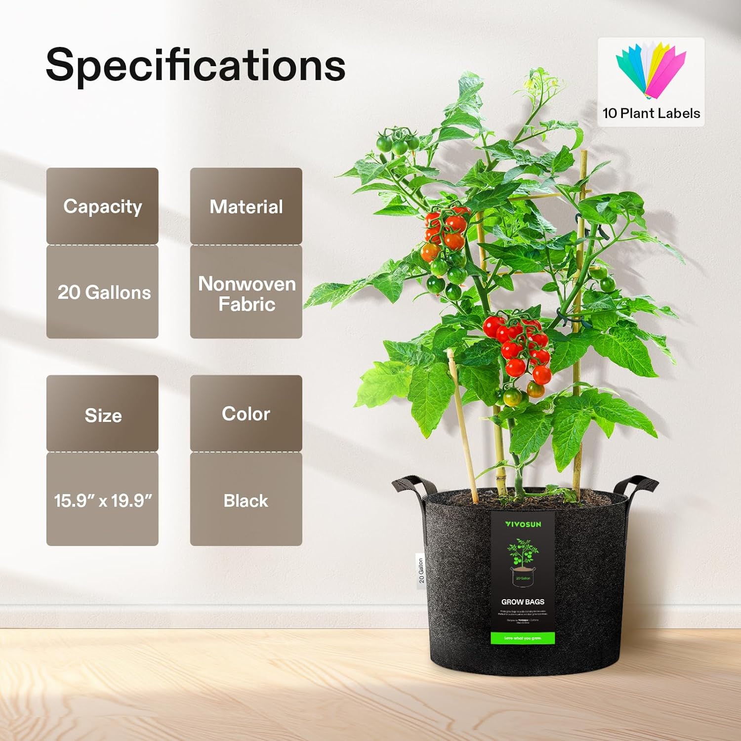 VIVOSUN 10-Pack 20 Gallon Grow Bags, Reinforced Planter Fabric Pots for Gardening Black