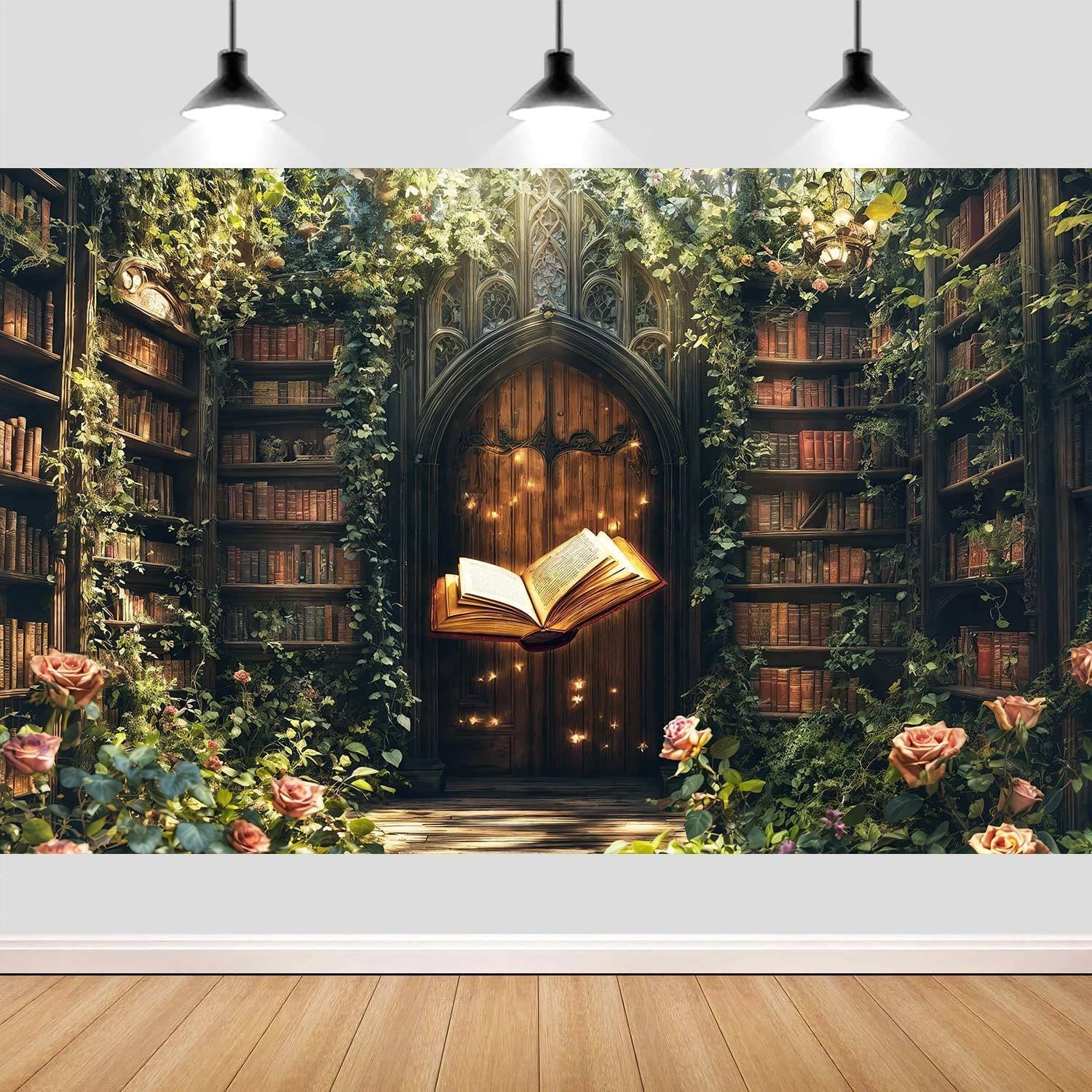 10X8ft Enchanted Magical Retro Forest Backdrop Green Nature Library Bookshelf Photography Background Magic Party Decor for Birthday Baby Shower Photo Shoot Props for Kids Adults
