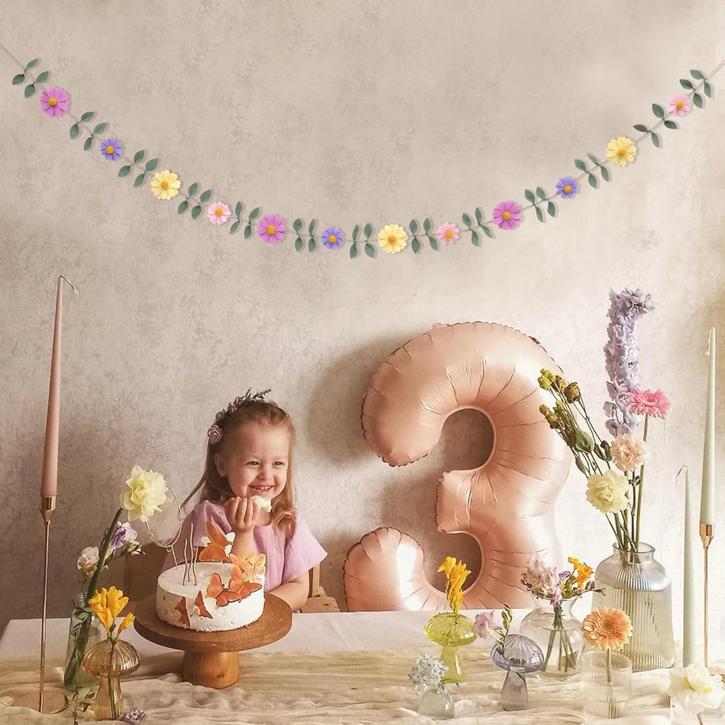 Felt Colorful Daisy Banner - Spring Birthday Wedding Party Decorations,Colorful Flowers Green Leaves Chain Garland,Flower Leaf Party Photo Props,Bohemian Daisy Home Room Hanging Garland