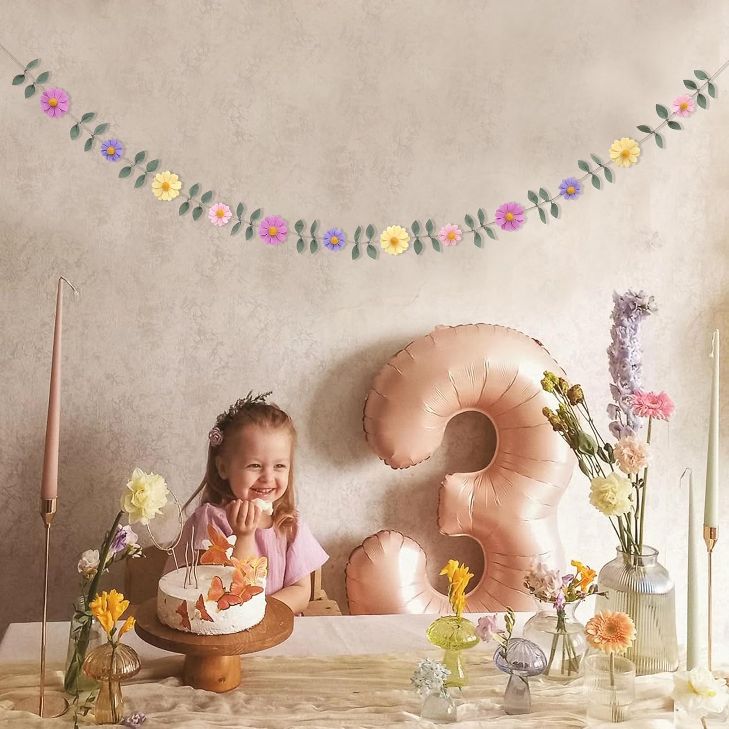 Felt Colorful Daisy Banner - Spring Birthday Wedding Party Decorations,Colorful Flowers Green Leaves Chain Garland,Flower Leaf Party Photo Props,Bohemian Daisy Home Room Hanging Garland