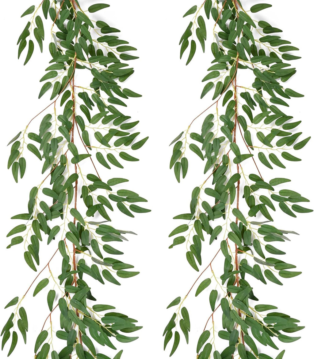 2PCS 5.7FT Fake Willow Leaves Vines Twigs, Artificial Hanging Italian Ruscus Greenery Garland Leaves, Faux Ivy Vines Willow Branches Plant Fern Garlands Skil for Indoor Realistic Outdoor Decoration